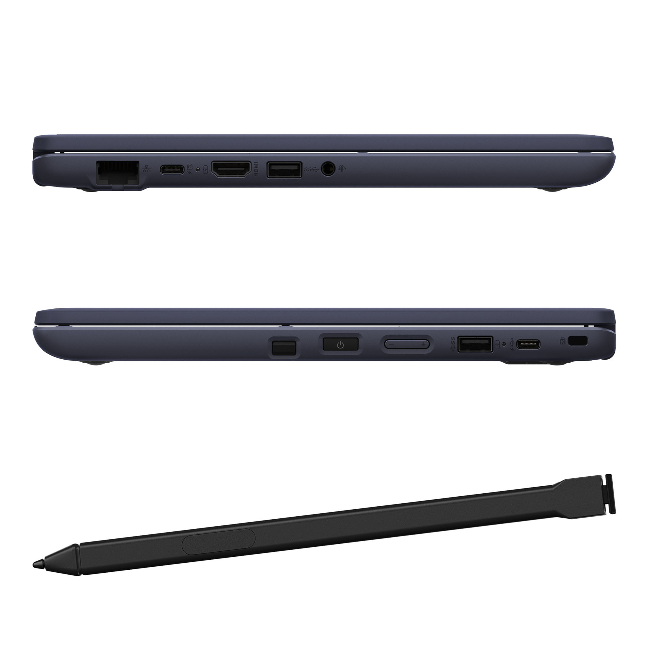 Drei Ansichten eines dunklen Laptops und eines schwarzen Stiftes auf weißem Hintergrund.