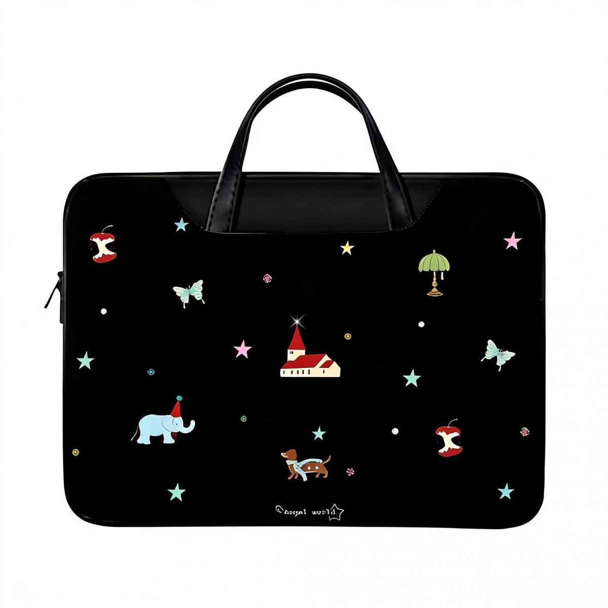 Schwarze Laptoptasche mit Sternenhimmelmuster, Elefant, Hund, Kirche und Äpfeln.