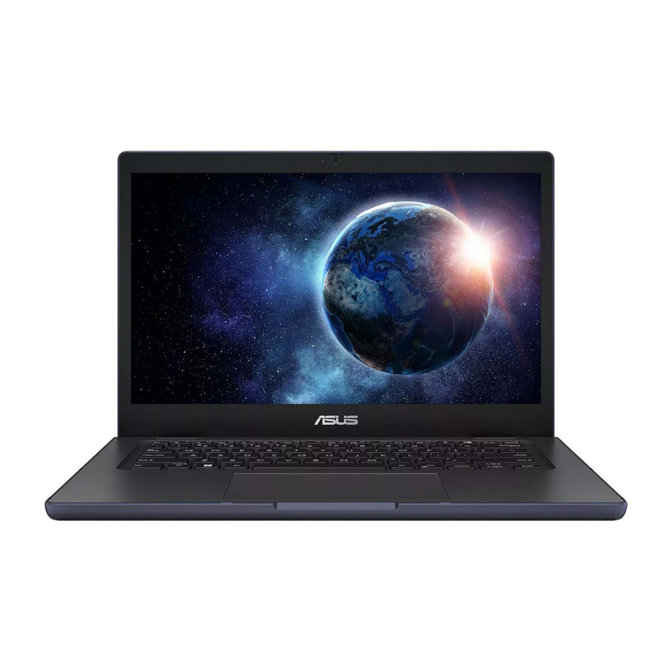 Ein offener schwarzer ASUS Laptop mit einem Bild der Erde im Weltall auf dem Bildschirm.
