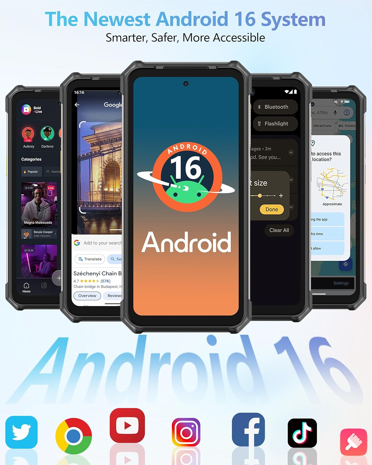 Mehrere Android-Smartphones zeigen Android 16, mit App-Symbolen unten.