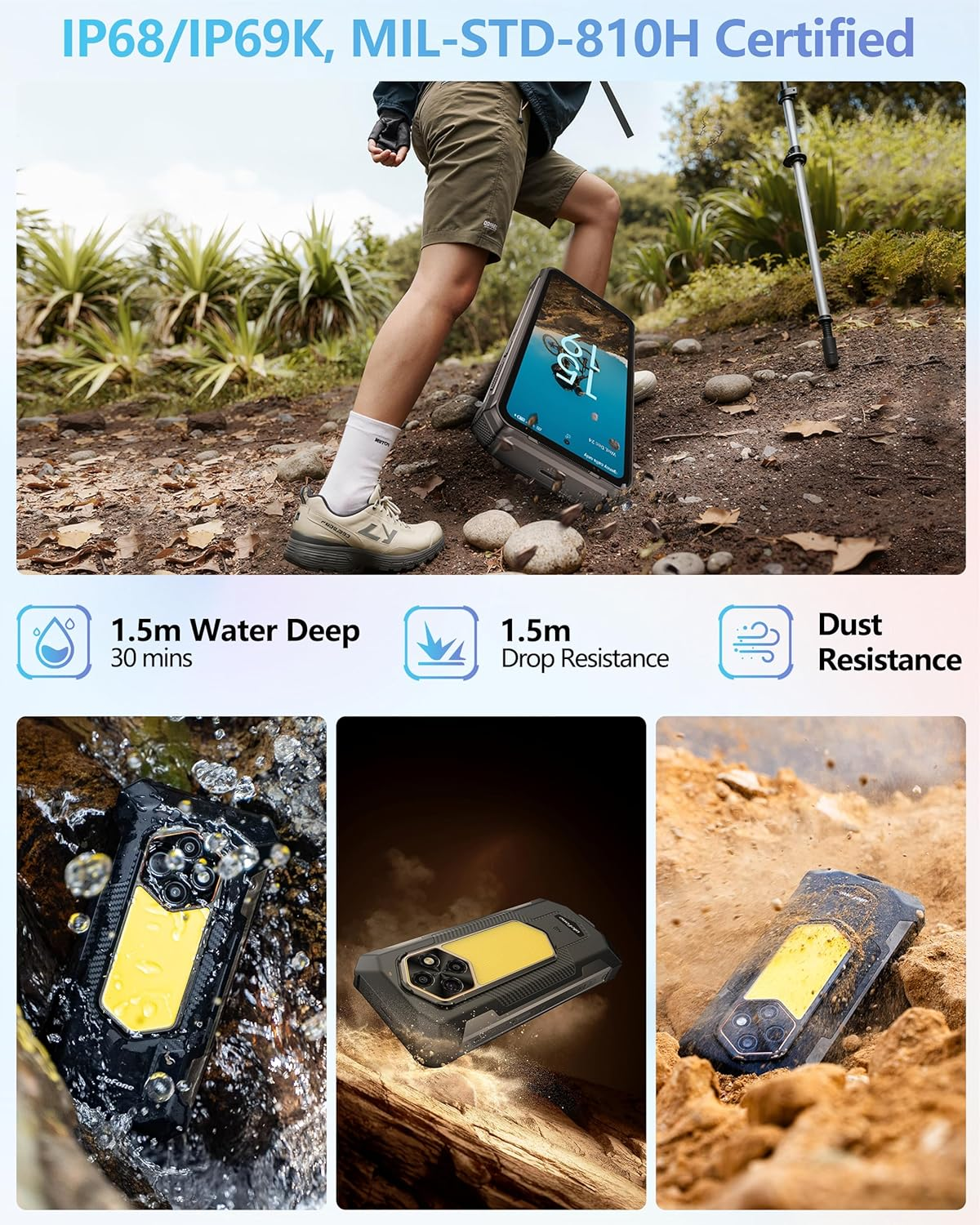 Robustes Handy bei Outdoor-, Wasser-, Staub- und Falltests gezeigt.