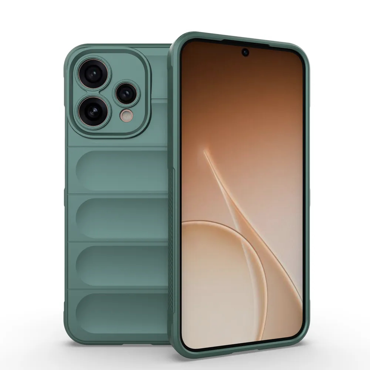 Un téléphone vert avec module caméra et écran à motifs.
