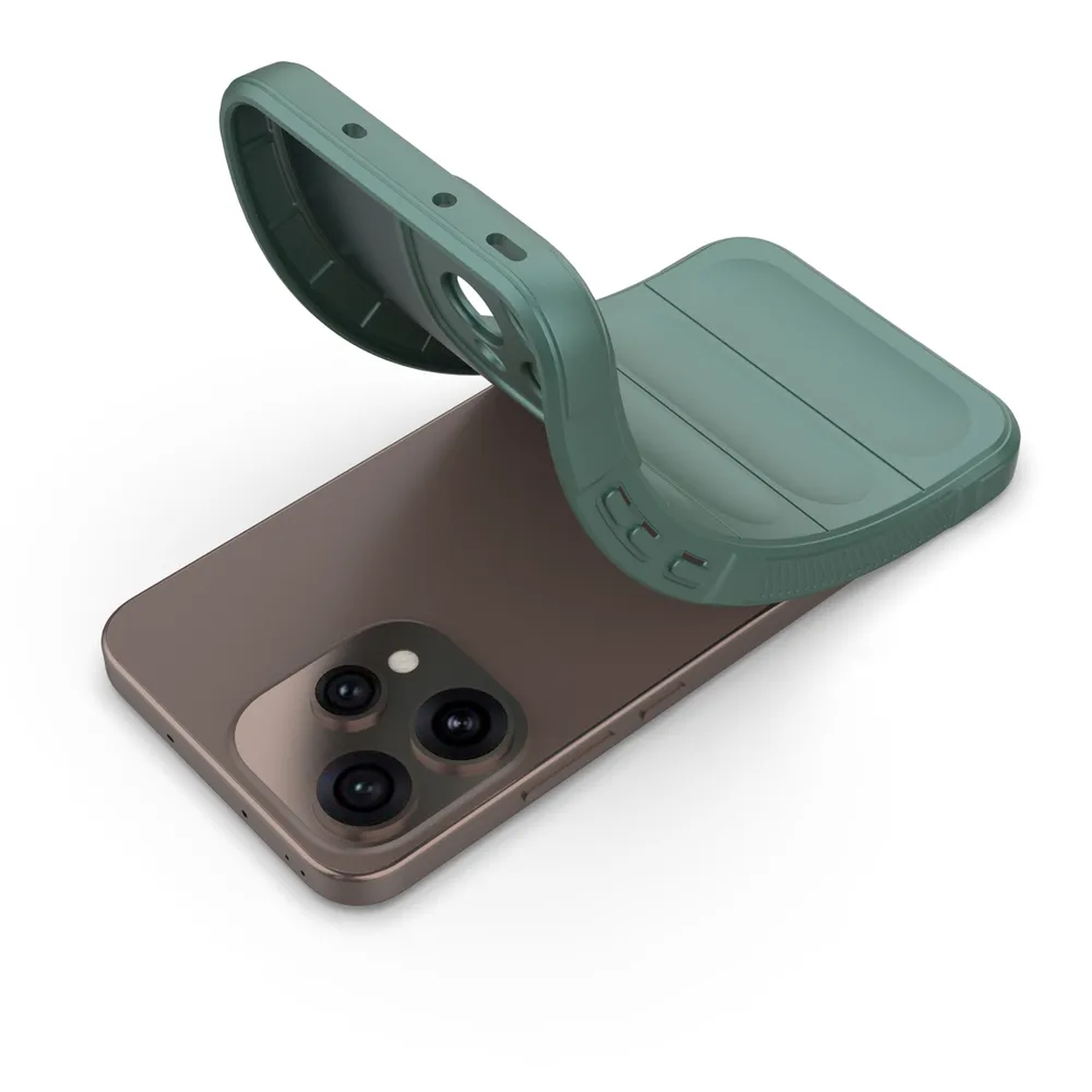 Un étui de téléphone vert est placé sur un smartphone marron.