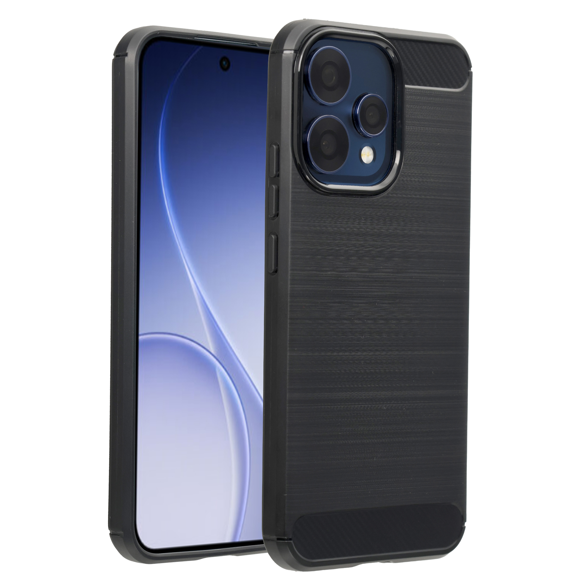 Zwarte telefoonhoes met geborstelde textuur en cameramodule.