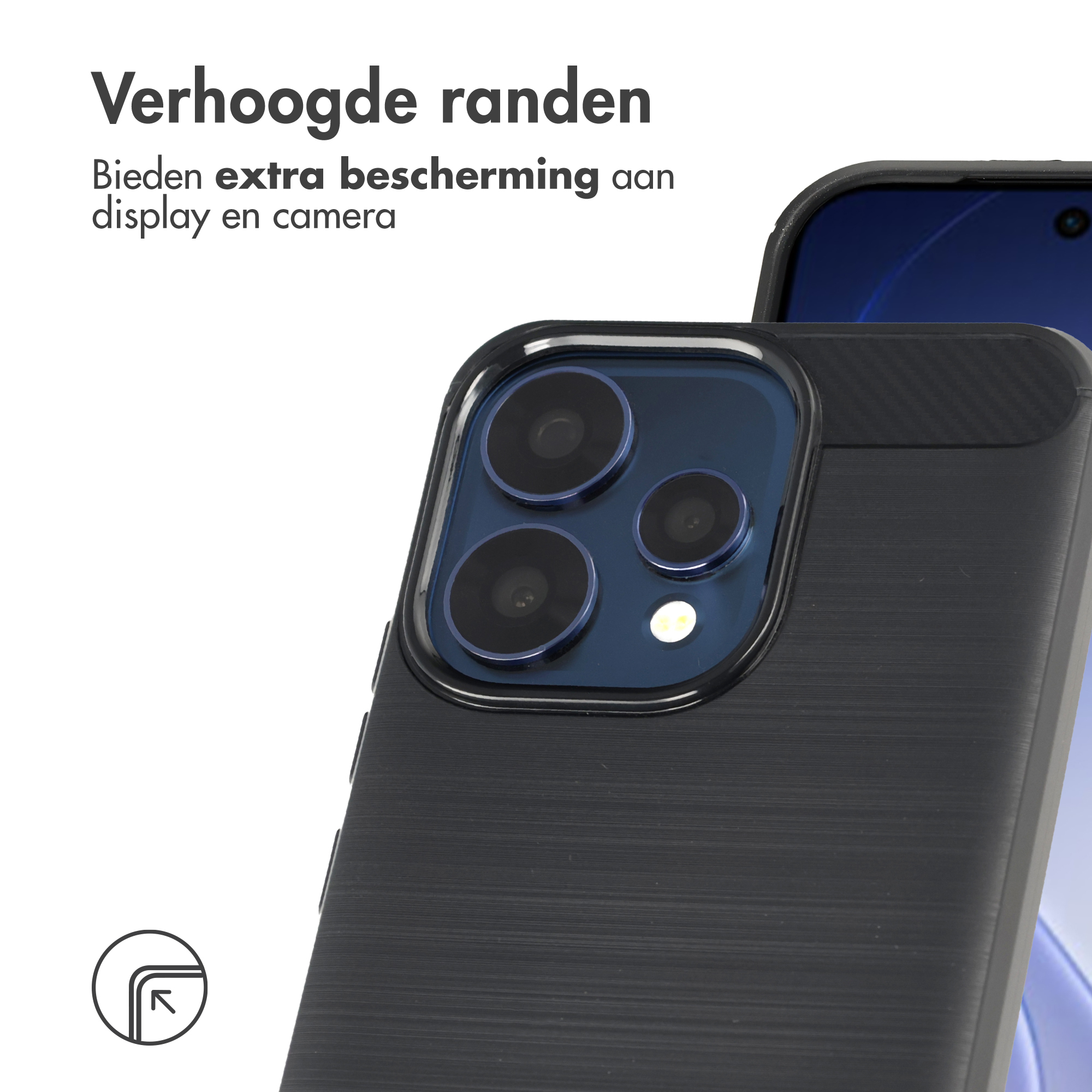 Zwarte telefoonhoes met cameralenzen en tekst.