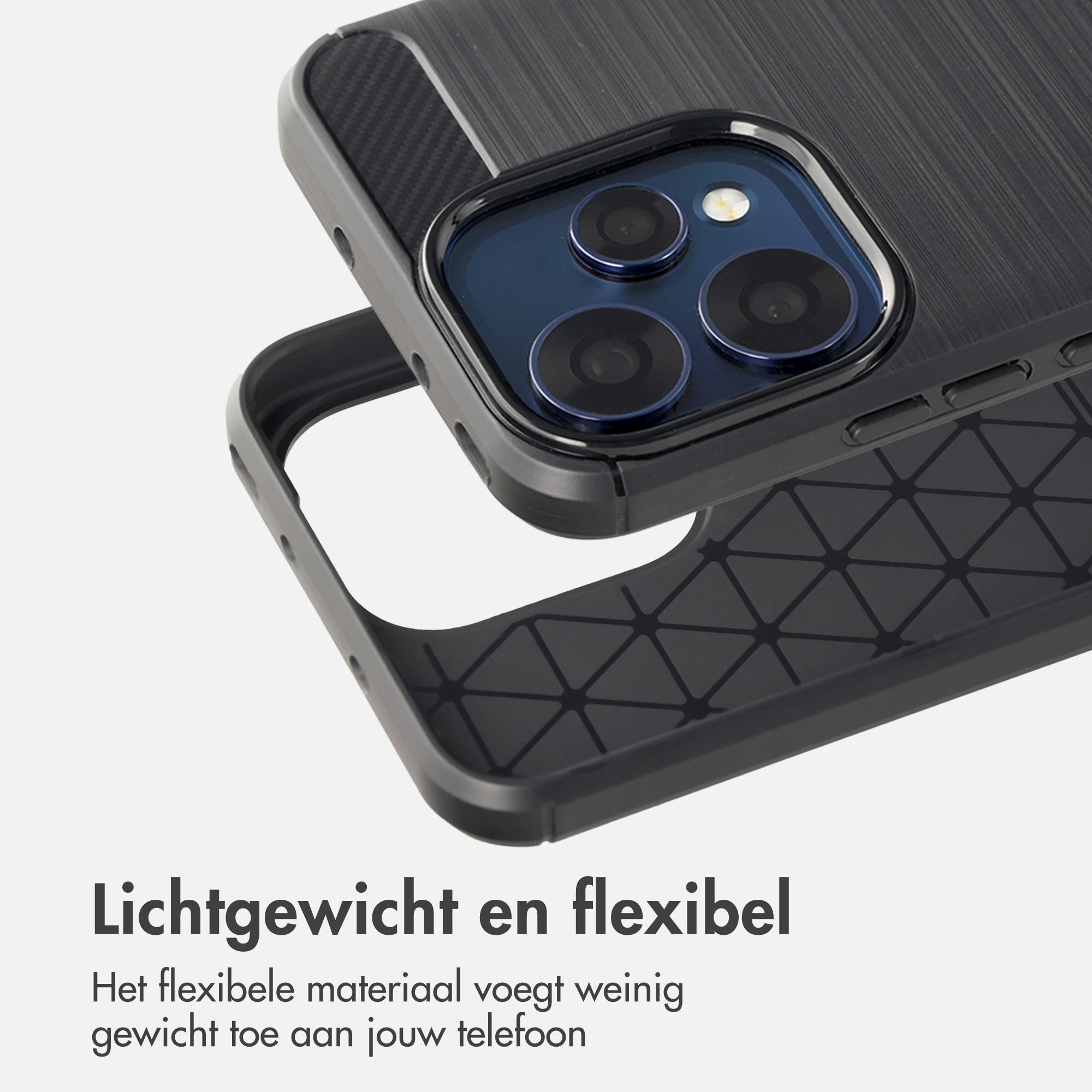 Zwarte telefoonhoes met cameralenzen en textuurpatroon.