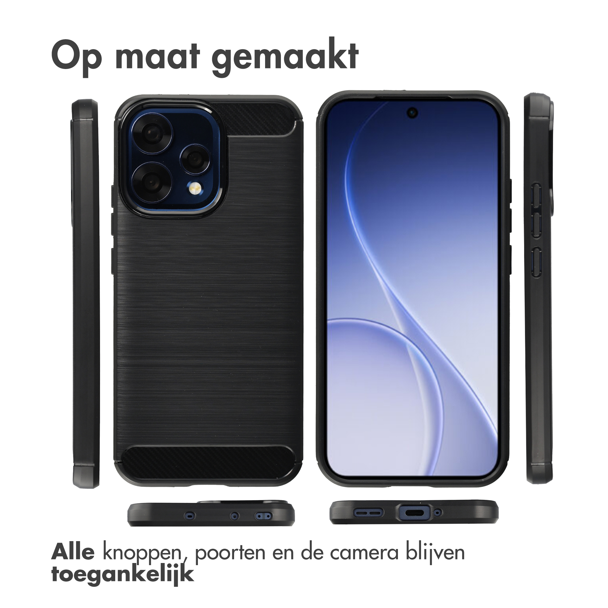 Zwarte telefoonhoes, voor-, achter- en zijaanzichten. Poorten toegankelijk.