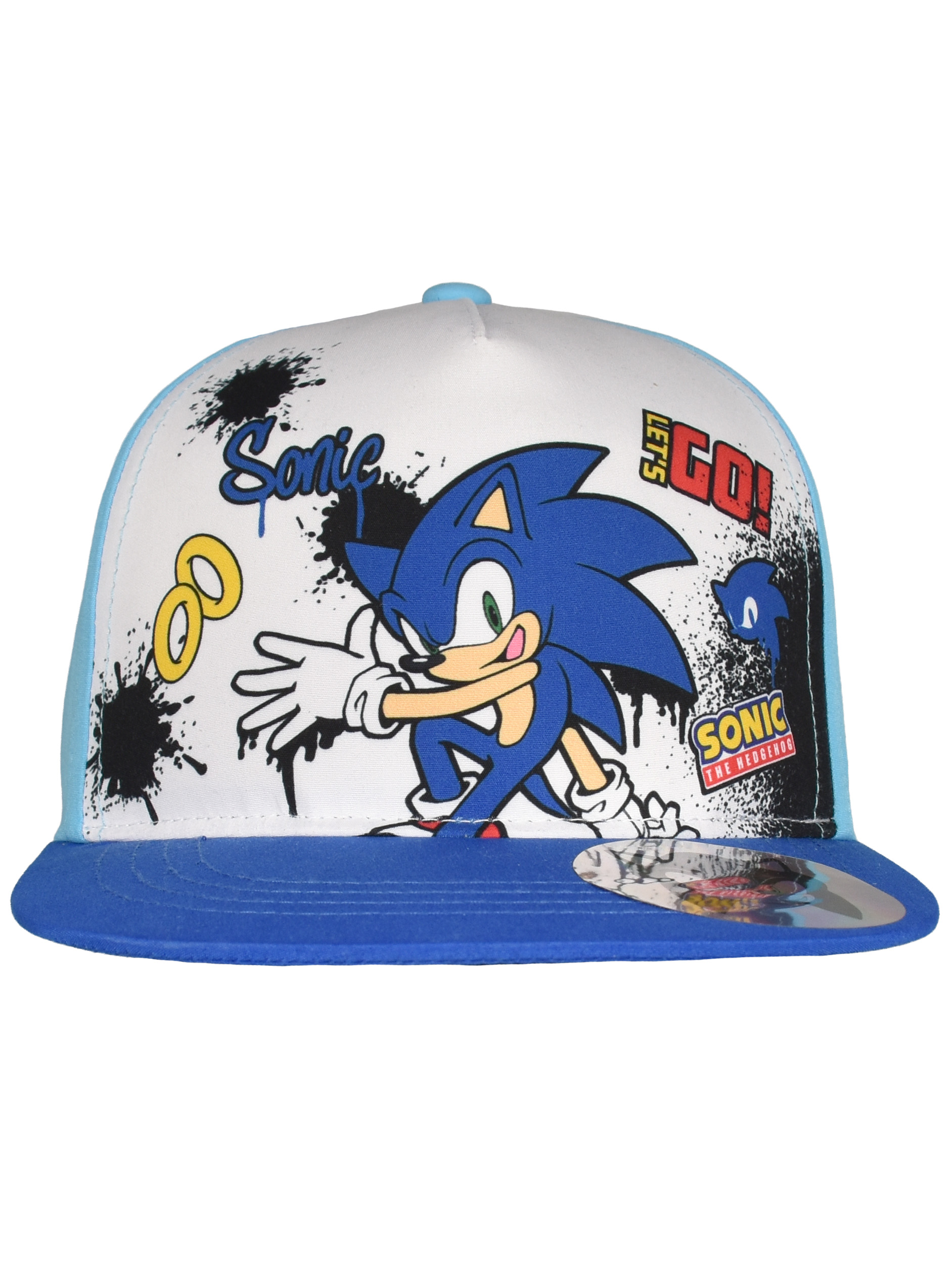 Blaue Kappe mit Sonic-Aufdruck, Spritzern und 'Let's Go!'-Schriftzug.