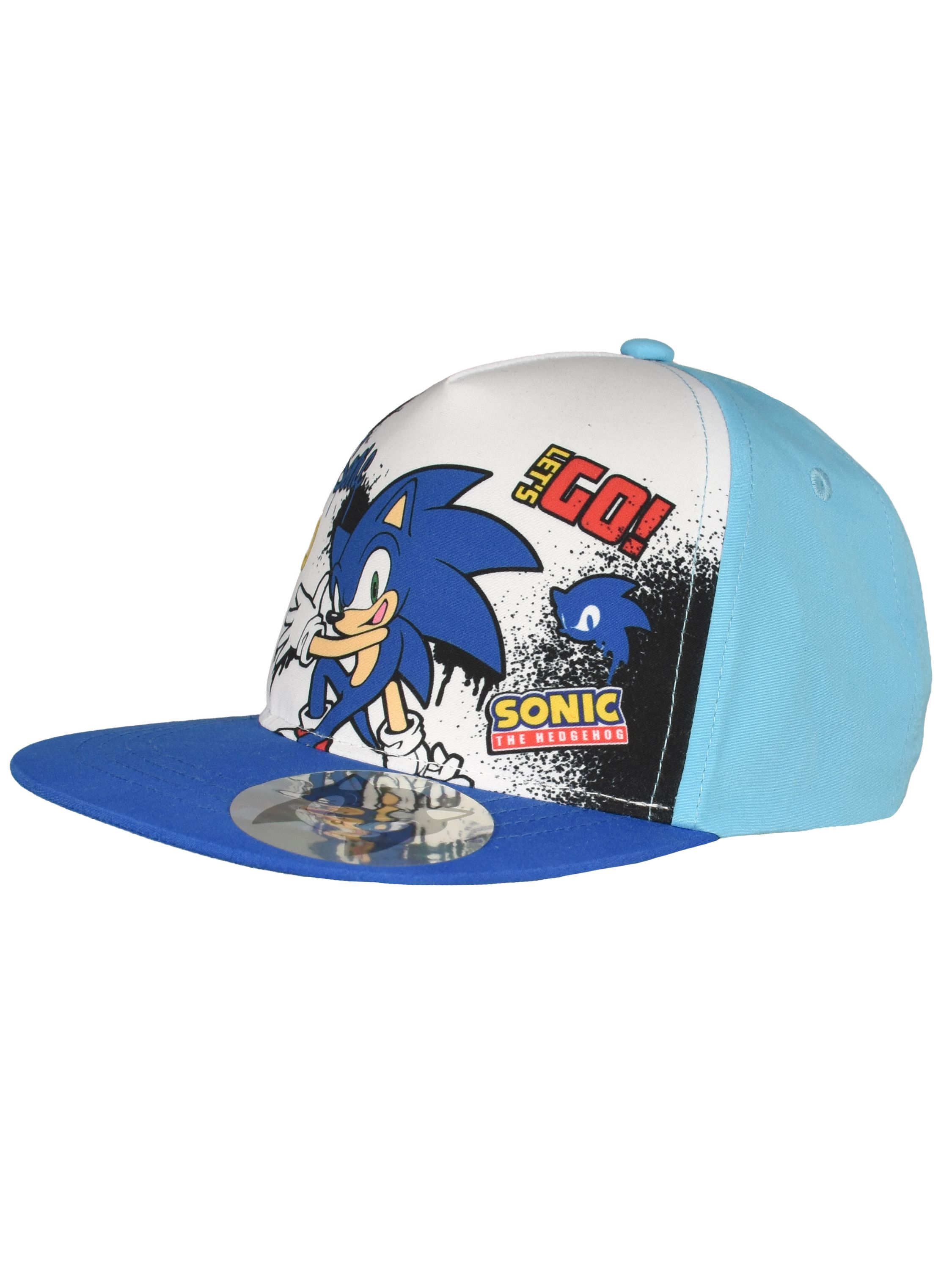 Eine blaue Kappe mit Sonic the Hedgehog-Motiv und der Aufschrift "LET'S GO!"