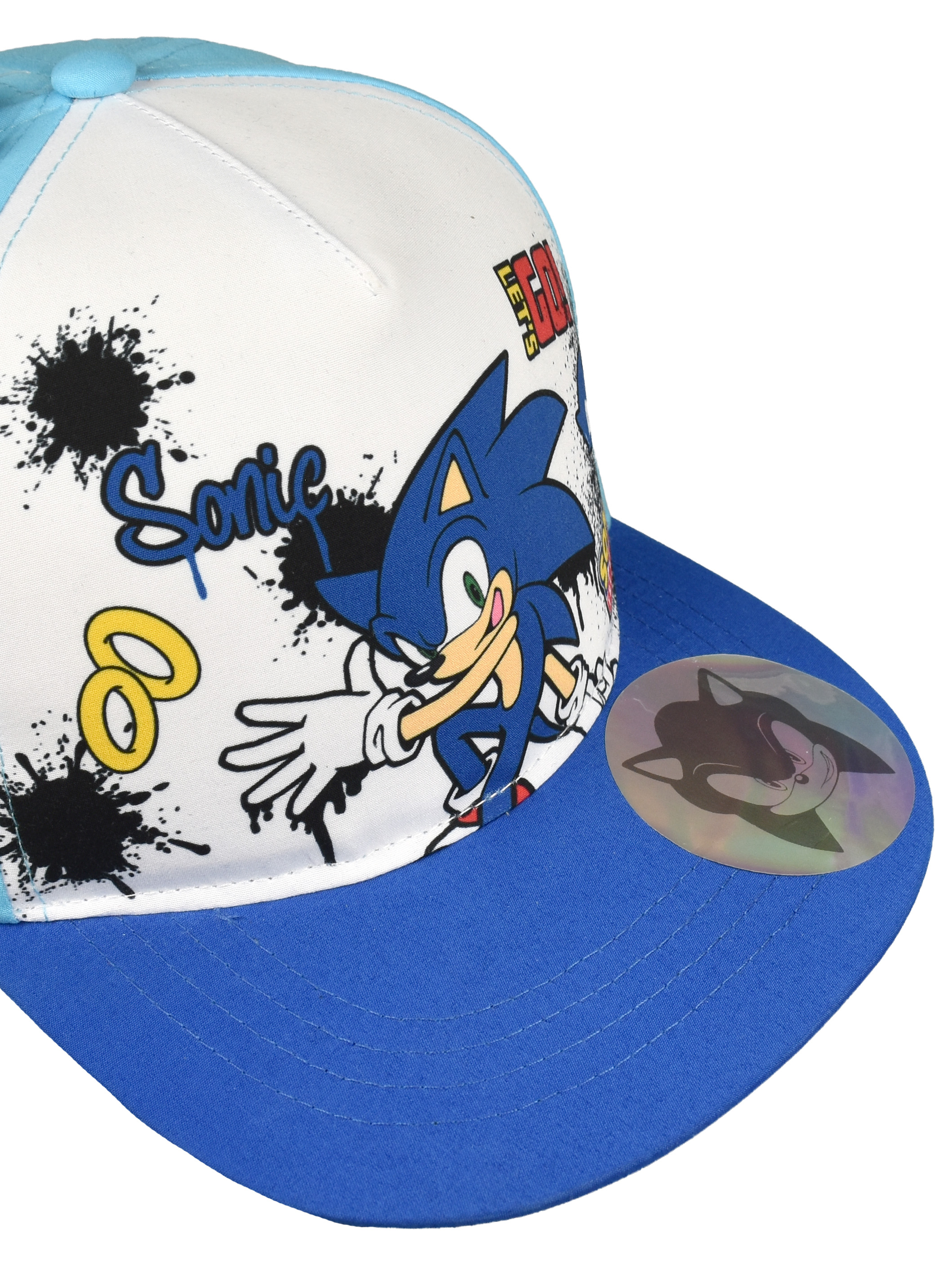 Blaue Kappe mit Sonic-Aufdruck und schwarzem Farbklecks-Design.