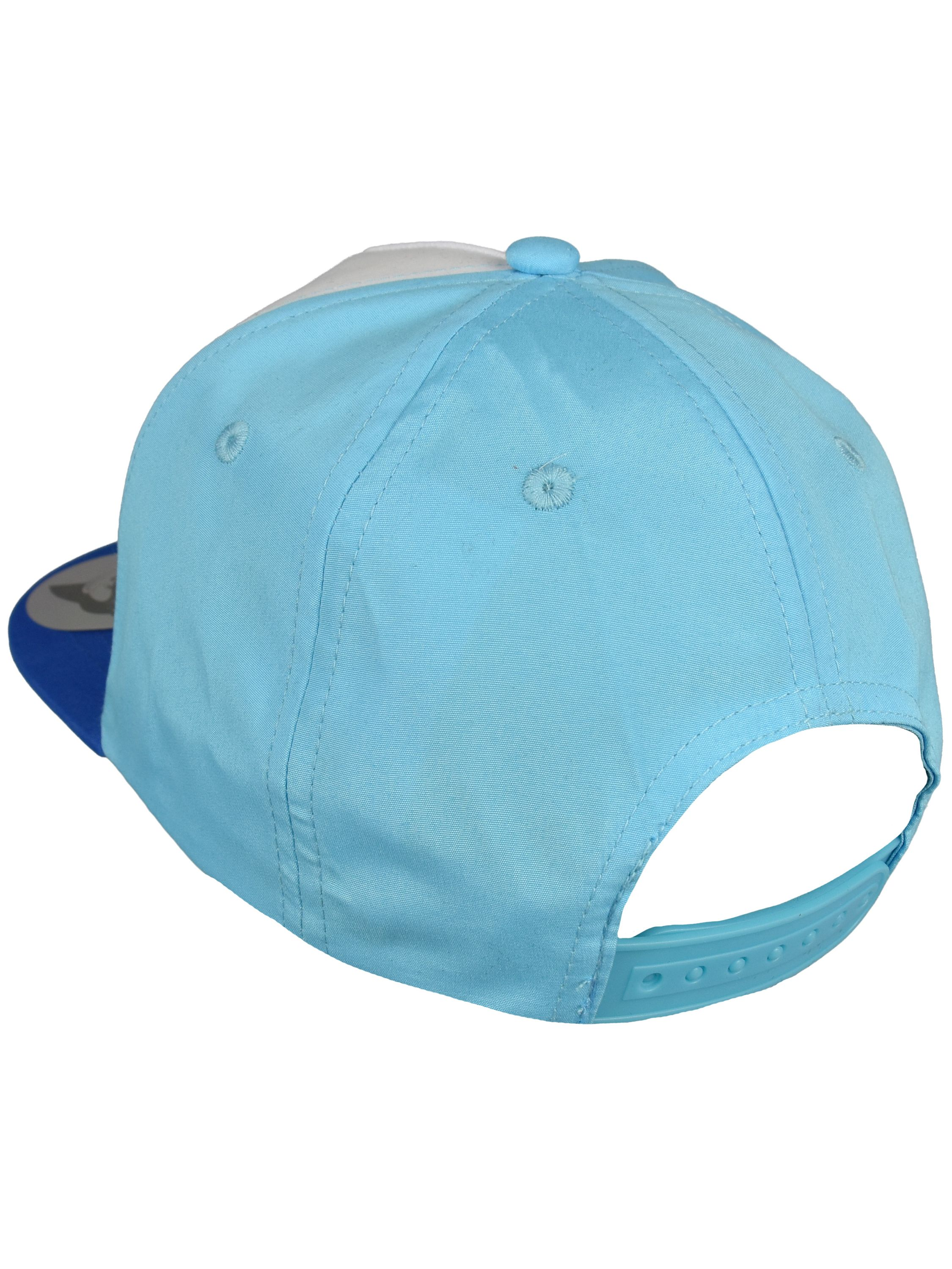 Hellblauer Snapback-Hut mit weißem Oberteil und blauem Schirm.