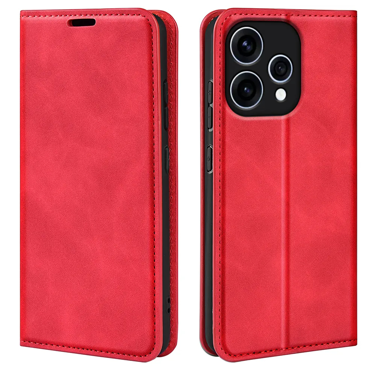 Rode flip telefoonhoes met camera-uitsparing, open en dicht.