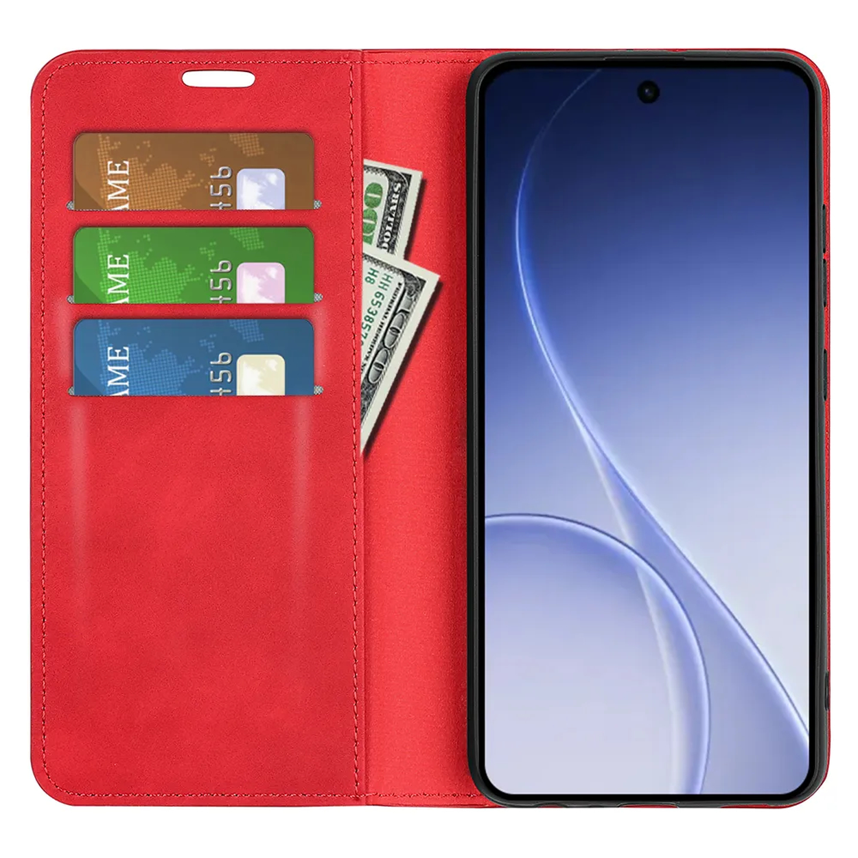 Rode telefoonhoes met kaarthouders en contant geld. Links drie kaarten, rechts telefoon.