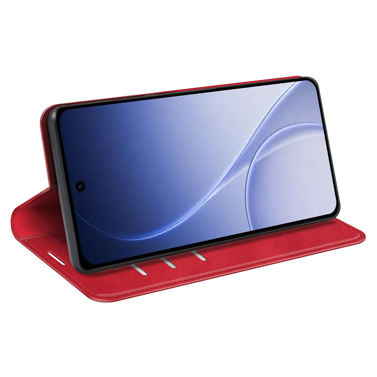 Rode smartphone flipcase met open deksel, toont een smartphone met blauwe achtergrond.