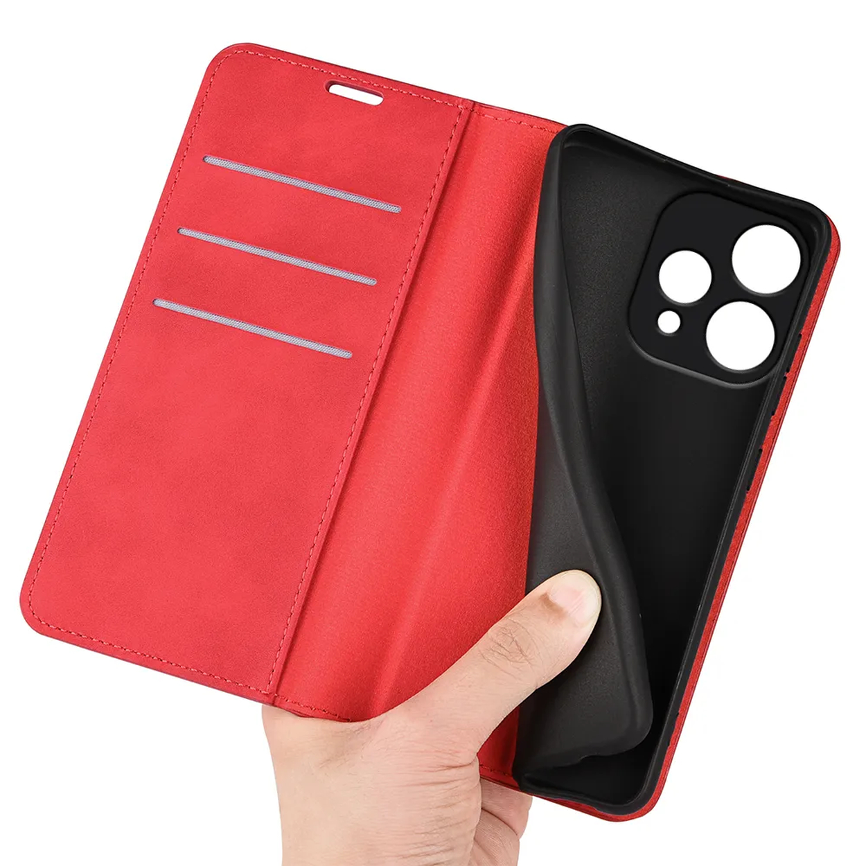 Rode flip telefoonhoes met kaartsleuven en zwart interieur voor cameramodule.