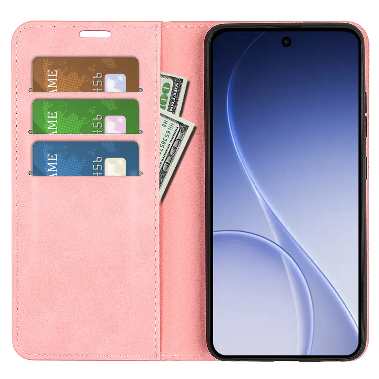 Een roze telefoonhoesje met drie kaartsleuven en ernaast bankbiljetten.
