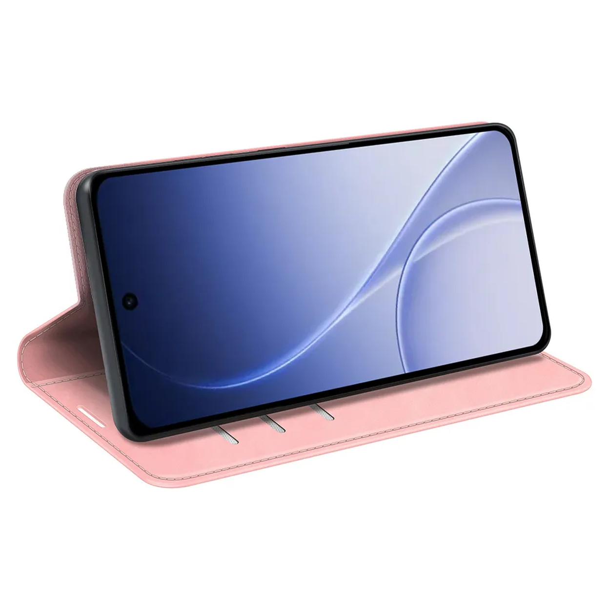 Een roze flipcase voor een smartphone op een witte achtergrond.