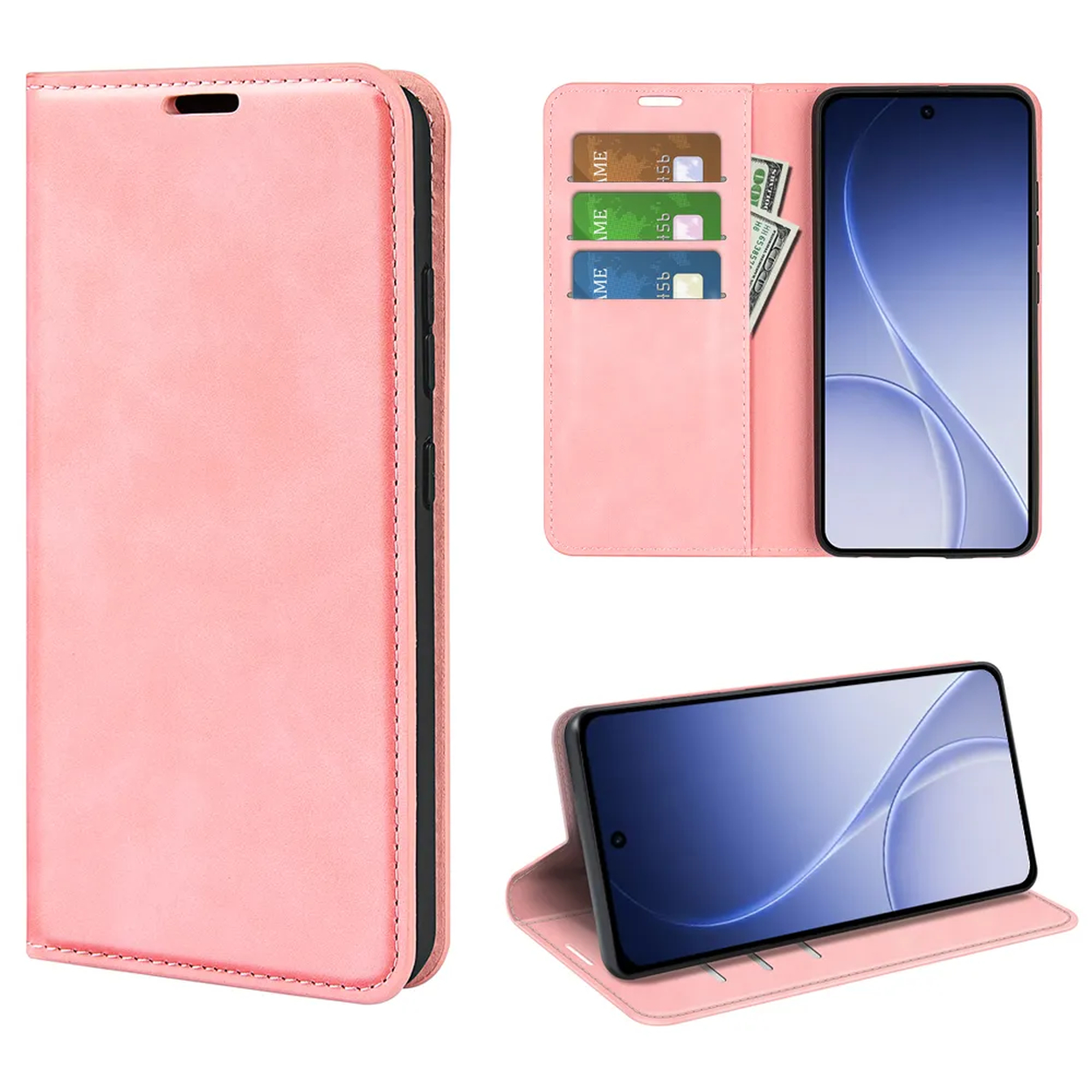 Roze leren telefoonhoes met kaartsleuven en telefoon met blauw scherm.