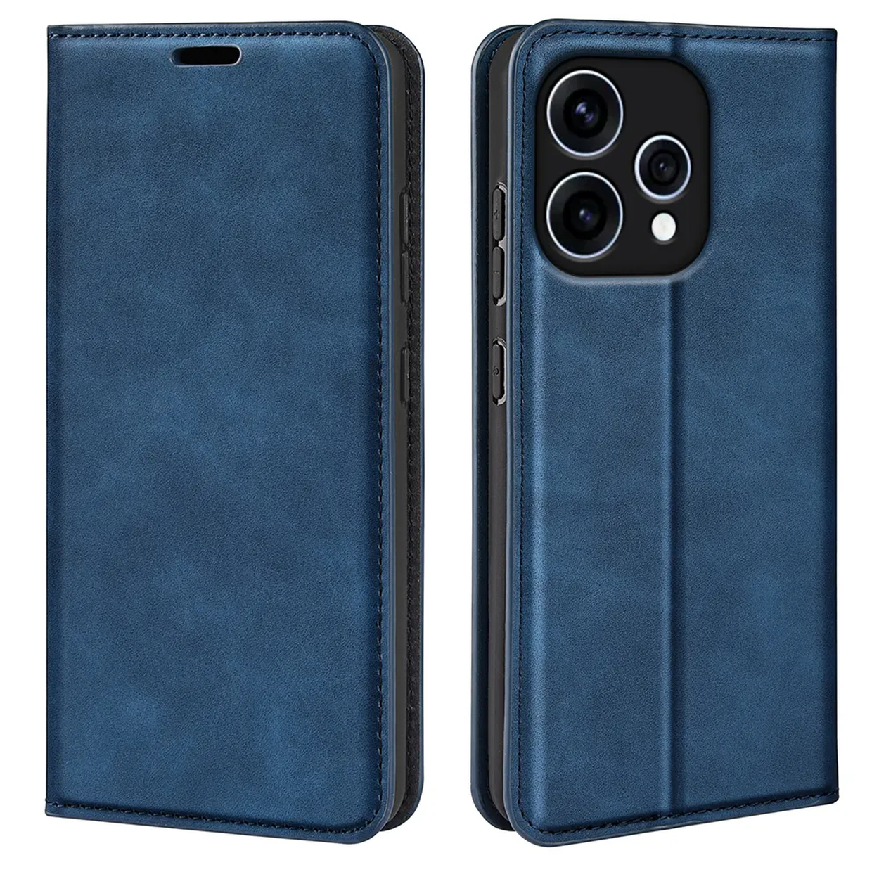 Blauwe flip telefoonhoes met driedubbele camera aan de achterkant.