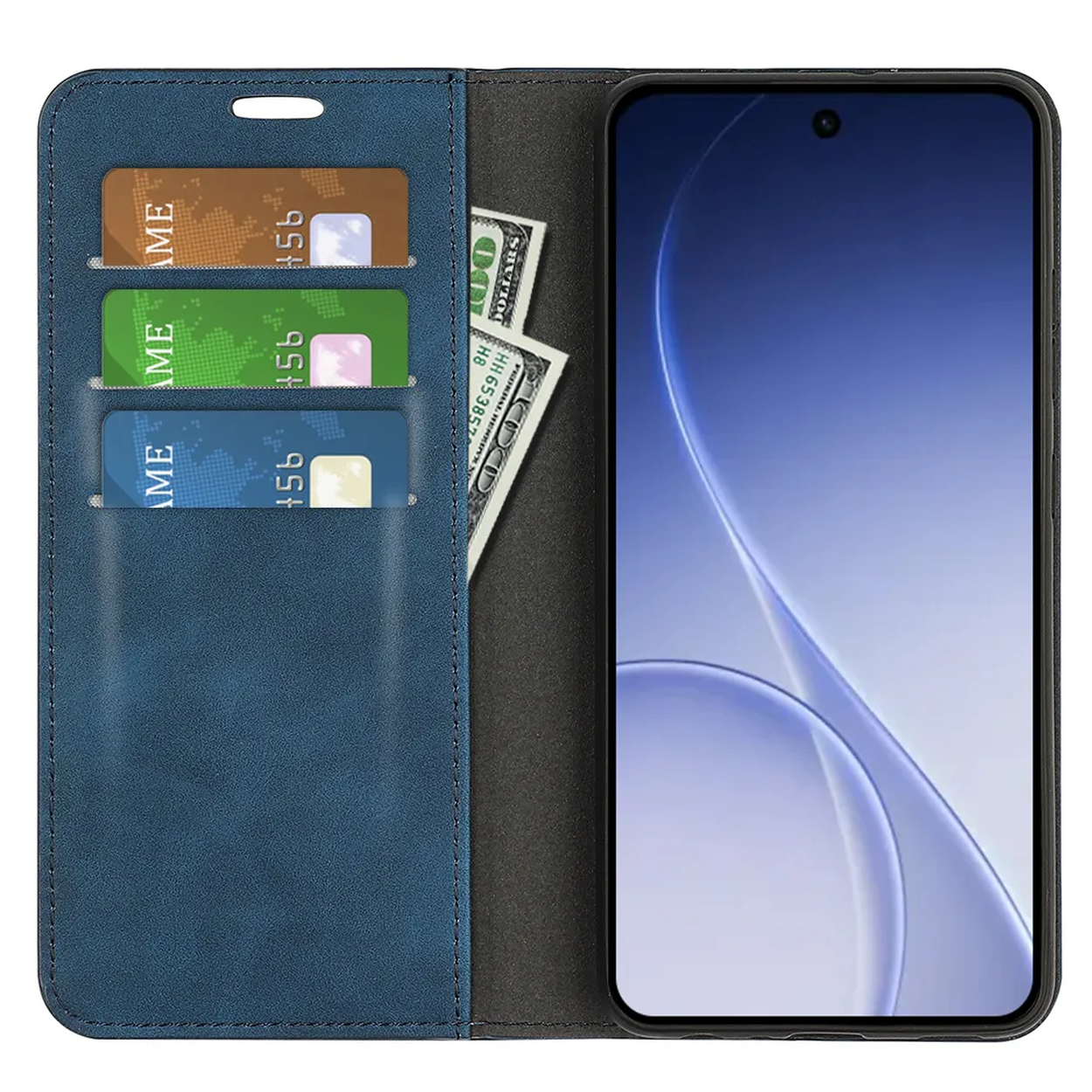 Blauw telefoonhoesje met kaarthouders en geld. Open.