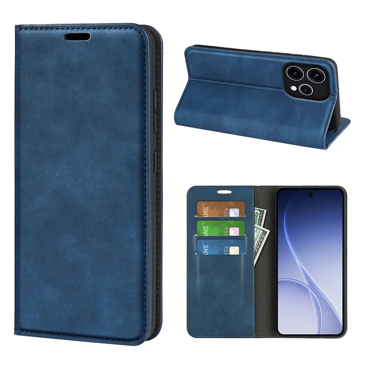 Blauw telefoonhoesje met kaarthouders, open en staand.