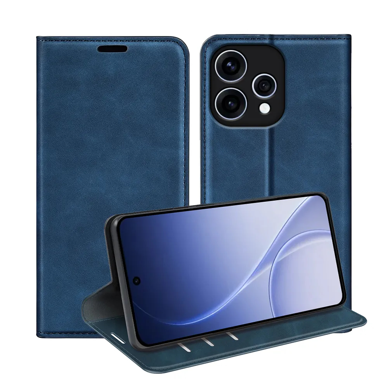 Blauw telefoonhoesje met staande telefoon en cameramodule.