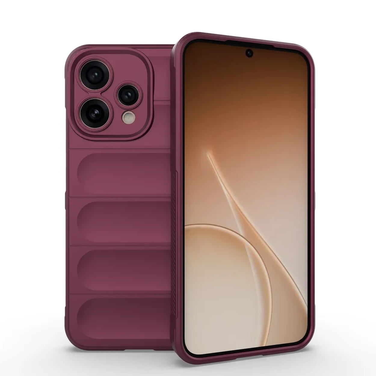Een rode telefoon met camera's en een geribbelde achterkant.