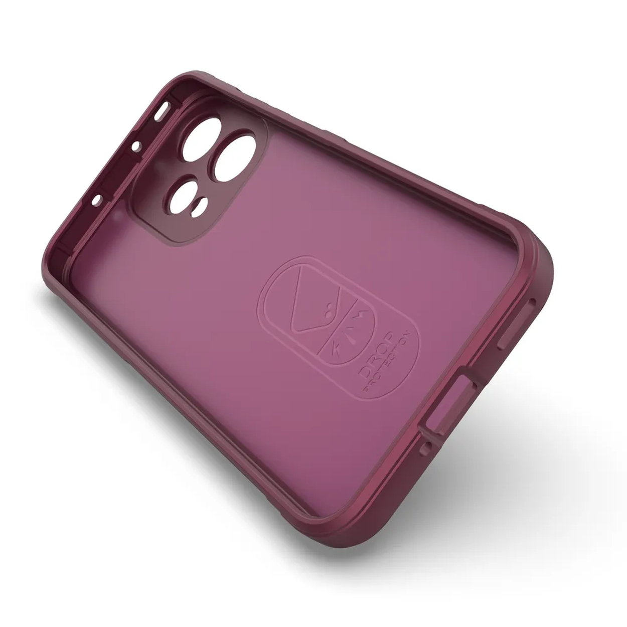 Een roze telefoonhoes met camera-uitsparingen en een logo-afdruk.