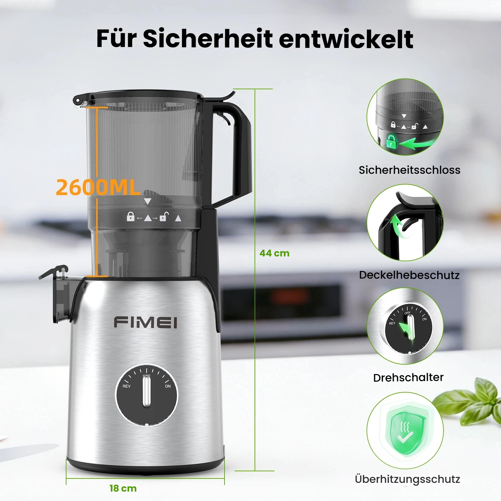 Ein silberner Entsafter mit 2600ML Fassungsvermögen, 44 cm Höhe und 18 cm Breite.