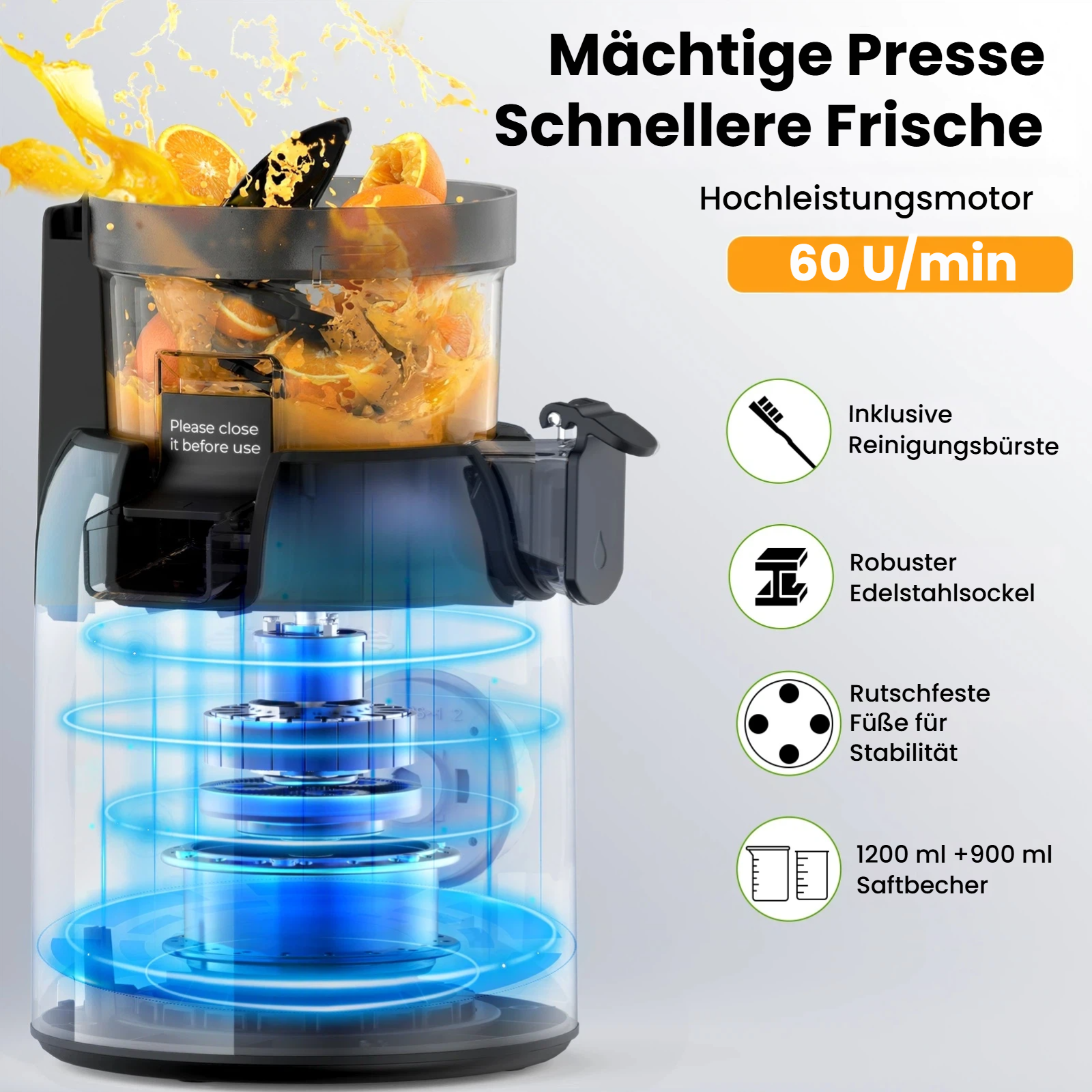 Zitruspresse mit Orangenstücken und Saftspritzern, Motor mit blauen Lichtern.