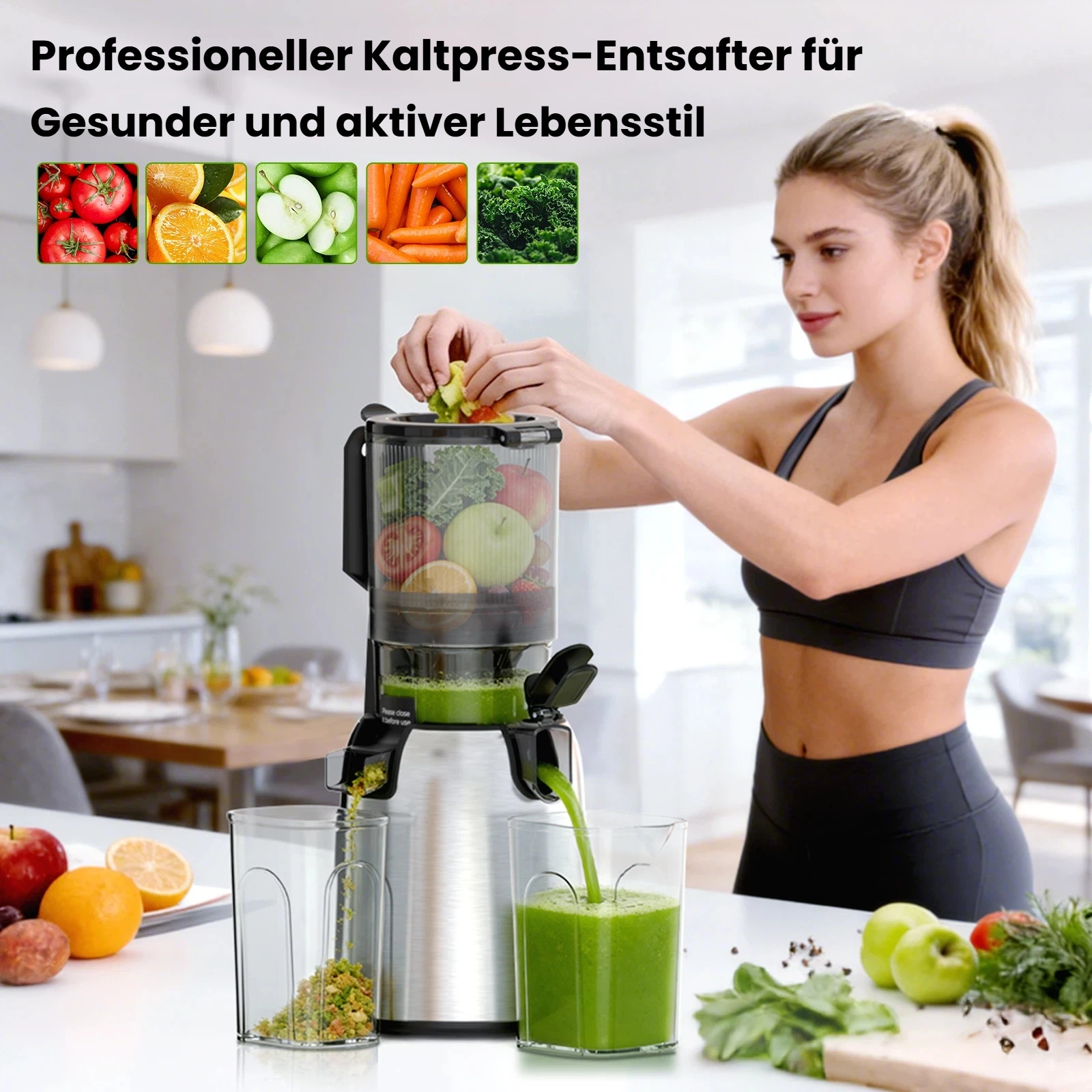 Frau bereitet Saft zu. Obst und Gemüse im Entsafter, grüner Saft fließt in Glas.