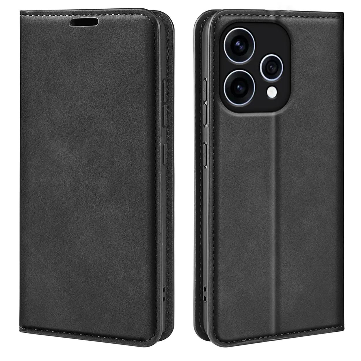 Een zwarte leren flip telefoonhoes wordt van voren en van de zijkant getoond, met zicht op de camera.