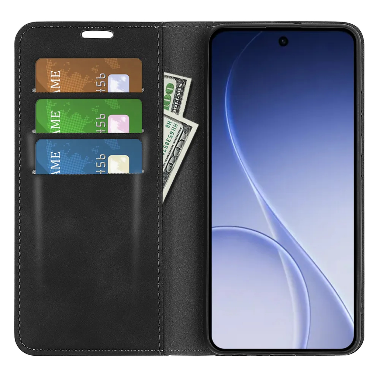 Zwarte telefoonhoes met drie kaartsleuven en bankbiljetten.