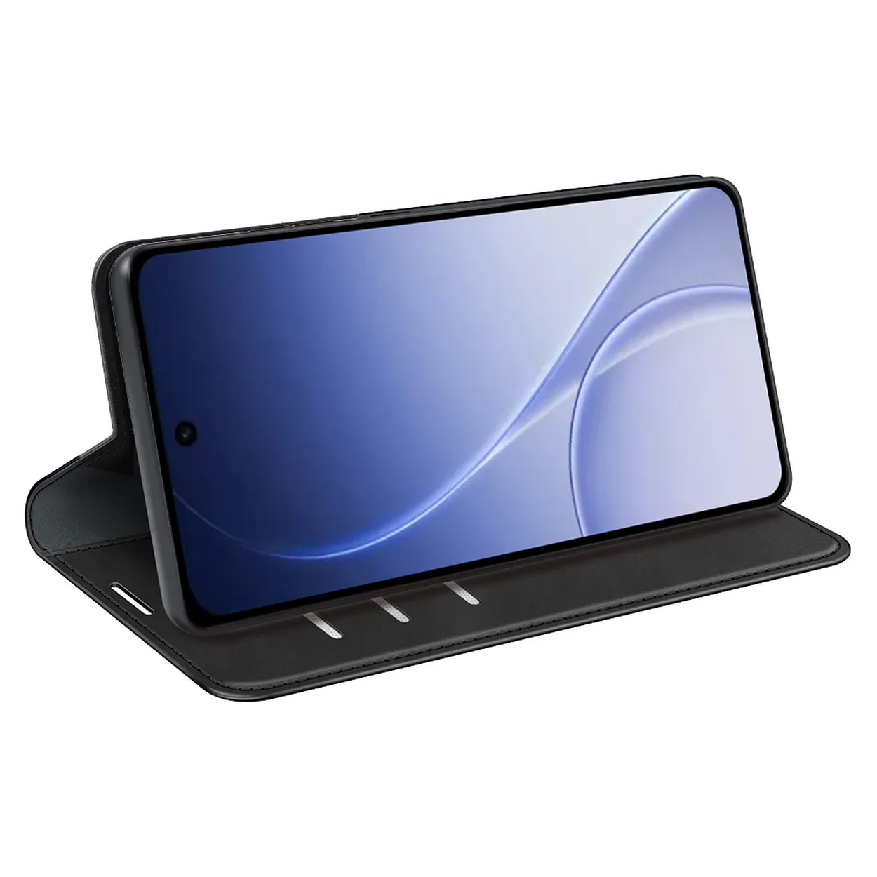 Een zwarte smartphone in een open hoes met een blauw behang.