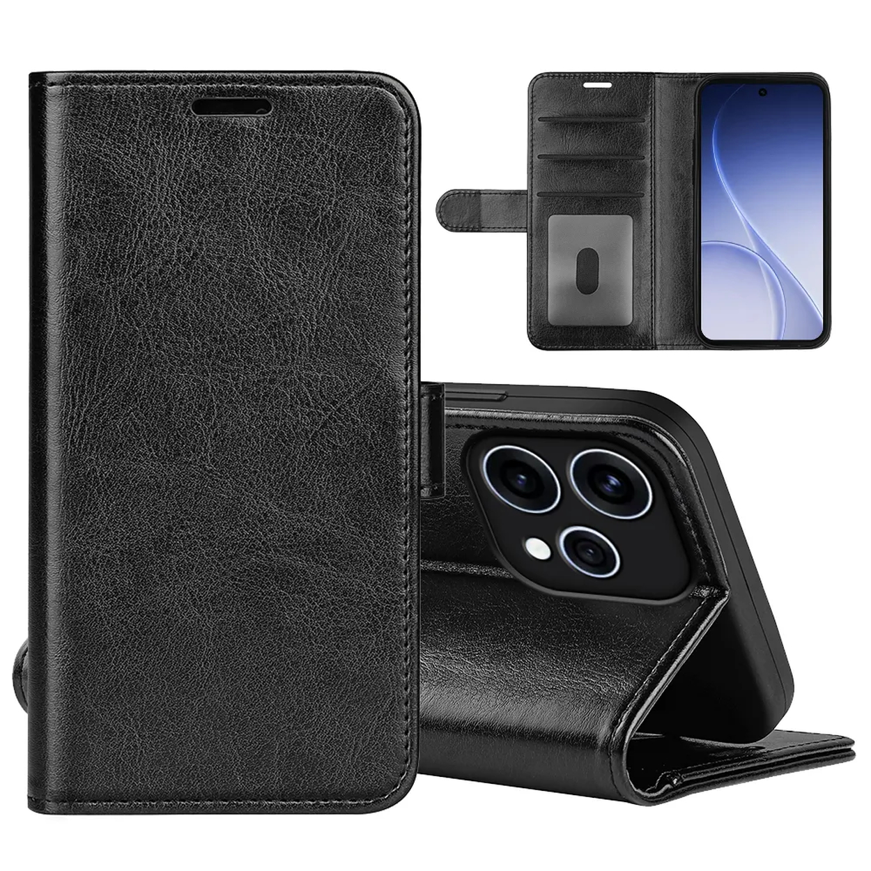 Un étui de téléphone à rabat en cuir noir avec fentes pour cartes et support.