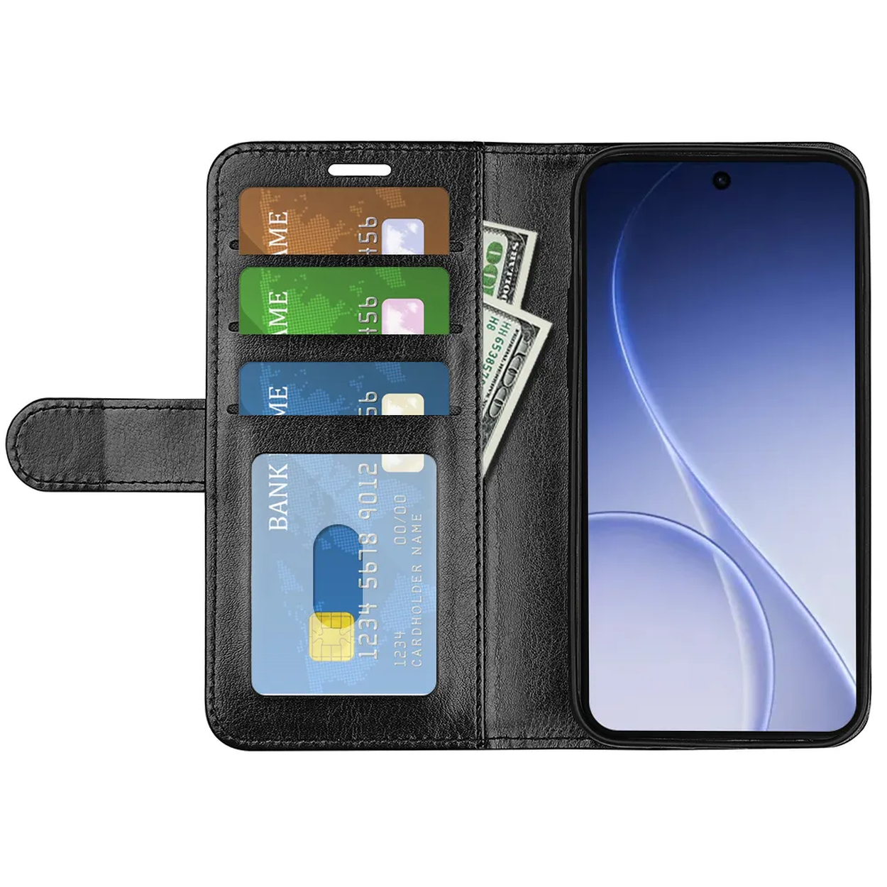 Un portefeuille noir avec fentes pour cartes et argent, à côté d'un smartphone.
