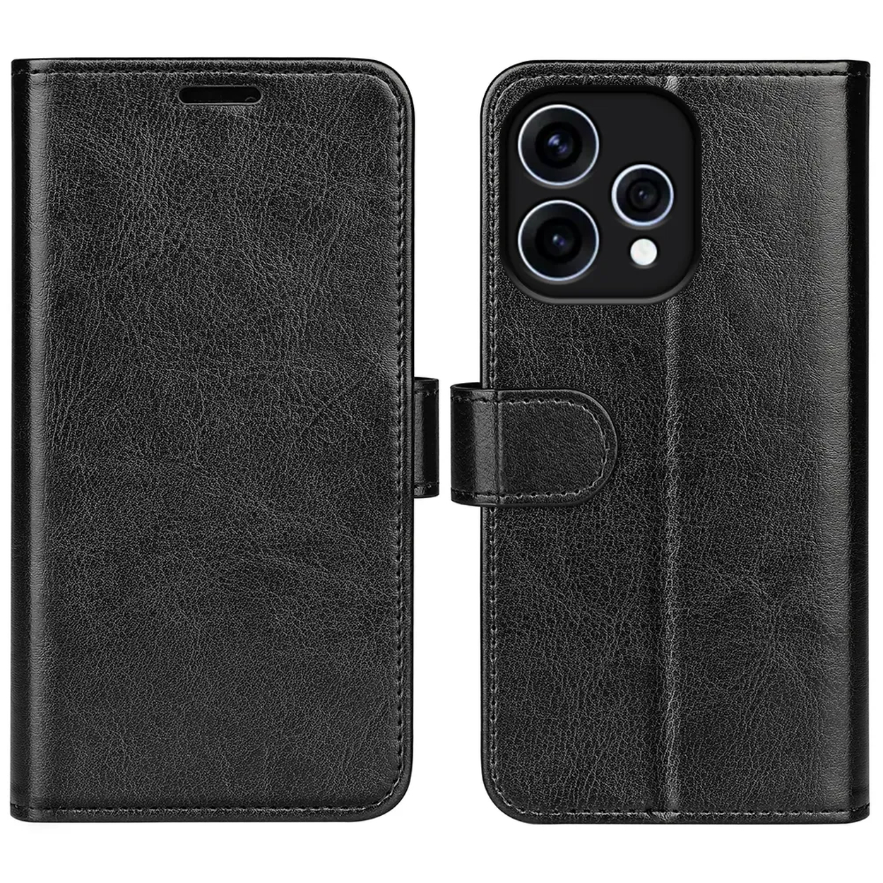 Coque de téléphone à rabat en cuir noir avec découpes caméra à droite.