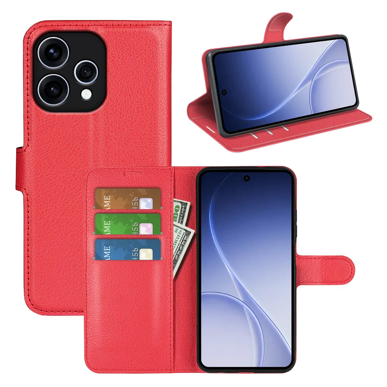 Rode telefoonhoes met kaartsleuven, contant geld en drie creditcards.