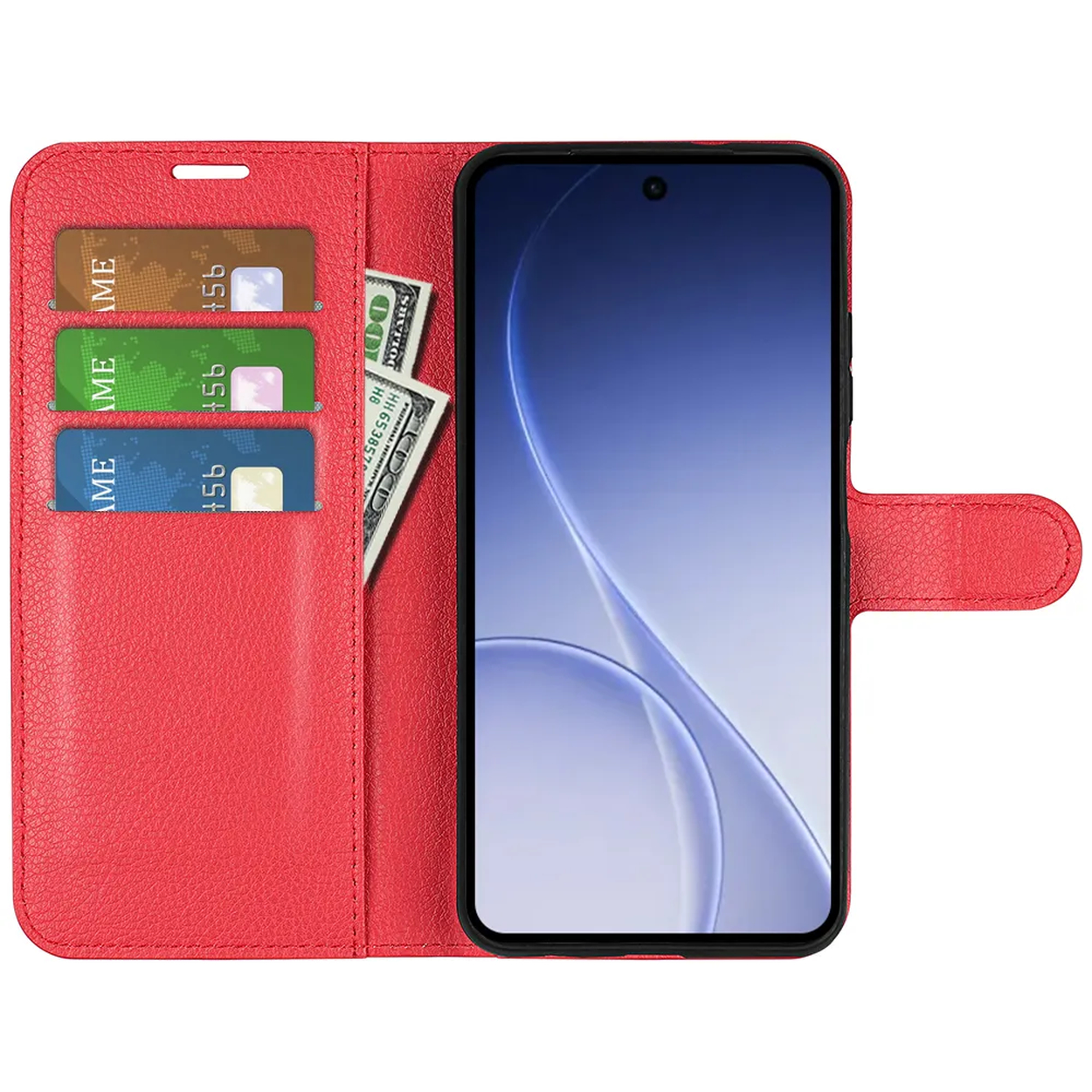 Rode telefoonhoes met kaartsleuven en bankbiljet. Smartphone met schermbeveiliging.