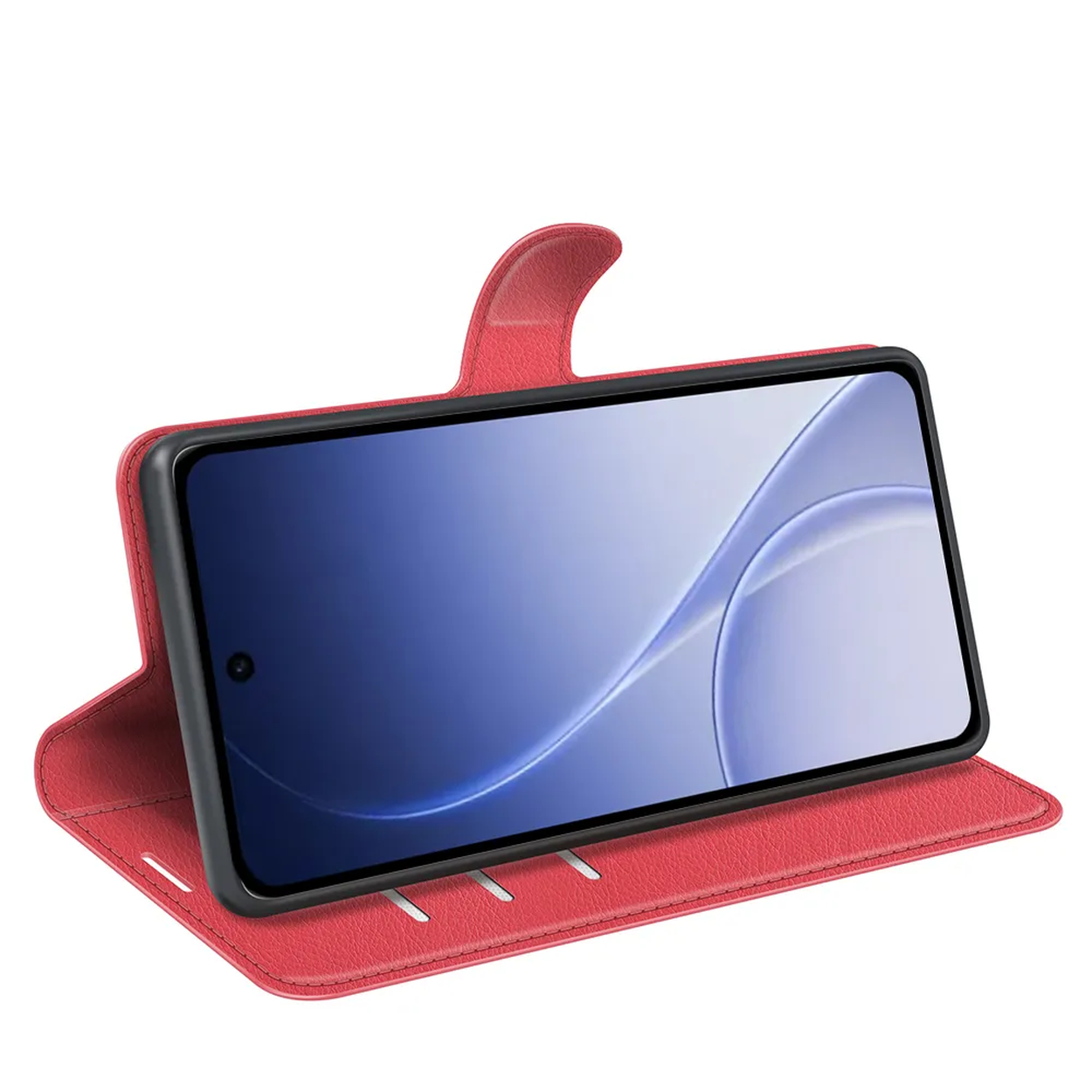 Een rode open telefoonhoes met een smartphone erin.