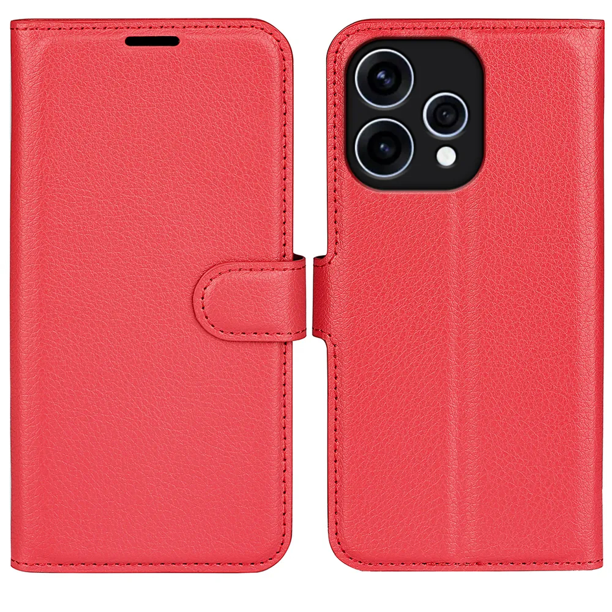 Rode leren telefoonhoes met camerabescherming en magneetsluiting.
