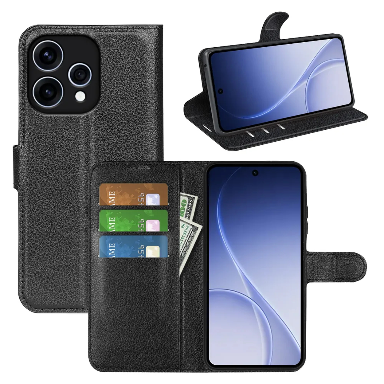Zwarte leren portemonnee telefoonhoes met kaartsleuven en geldvak.