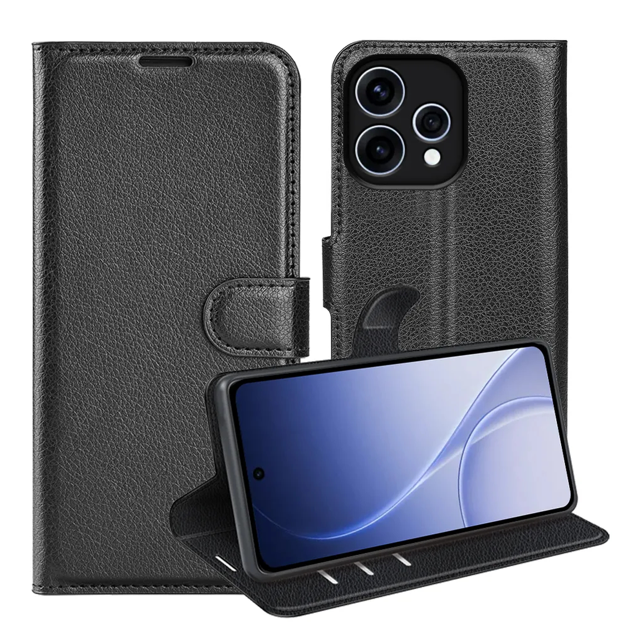 Zwarte leren telefoonhoes met camerasysteem en open display.