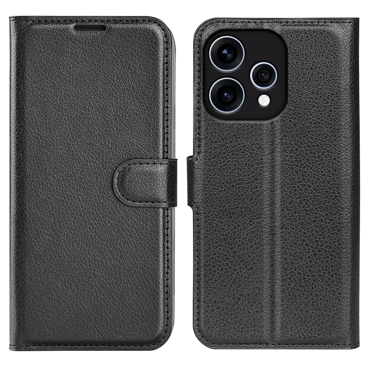 Zwart leren flipcase voor smartphone met drie cameralenzen.