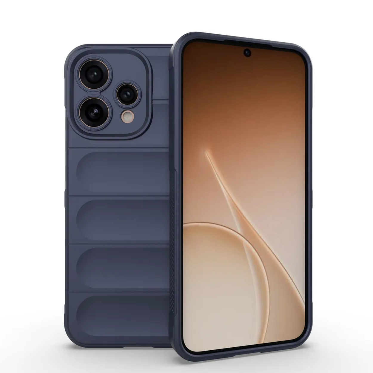 Coque de téléphone bleu foncé avec design rainuré et trois caméras.