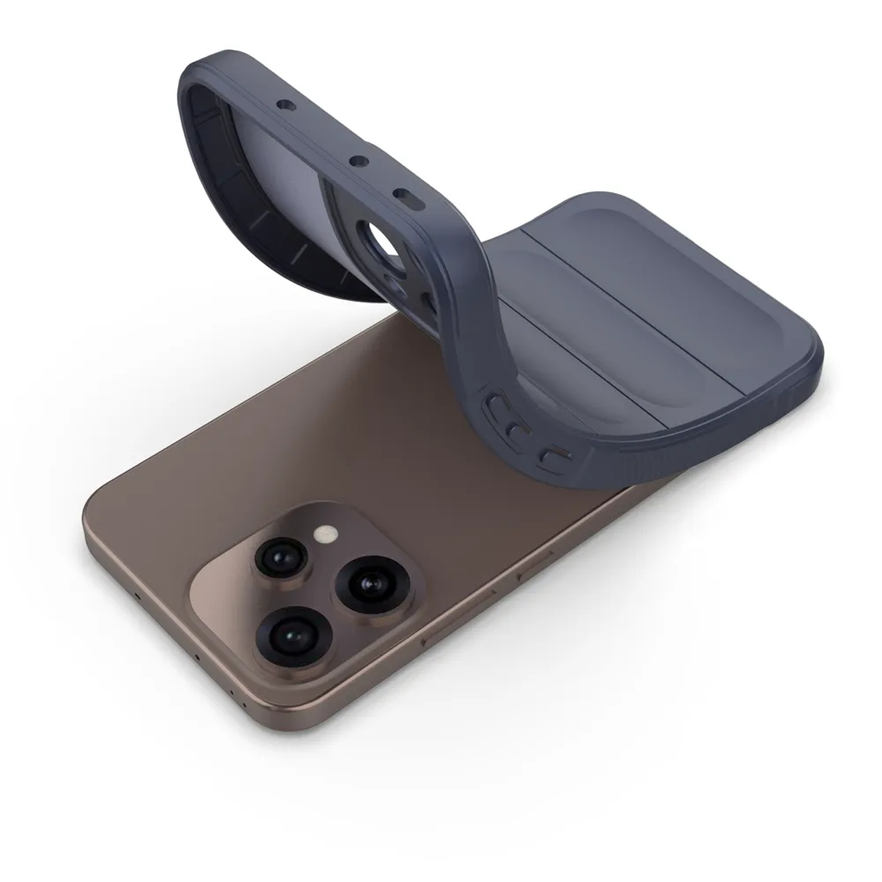 Un smartphone bronze avec un étui gris foncé qui se plie dessus.