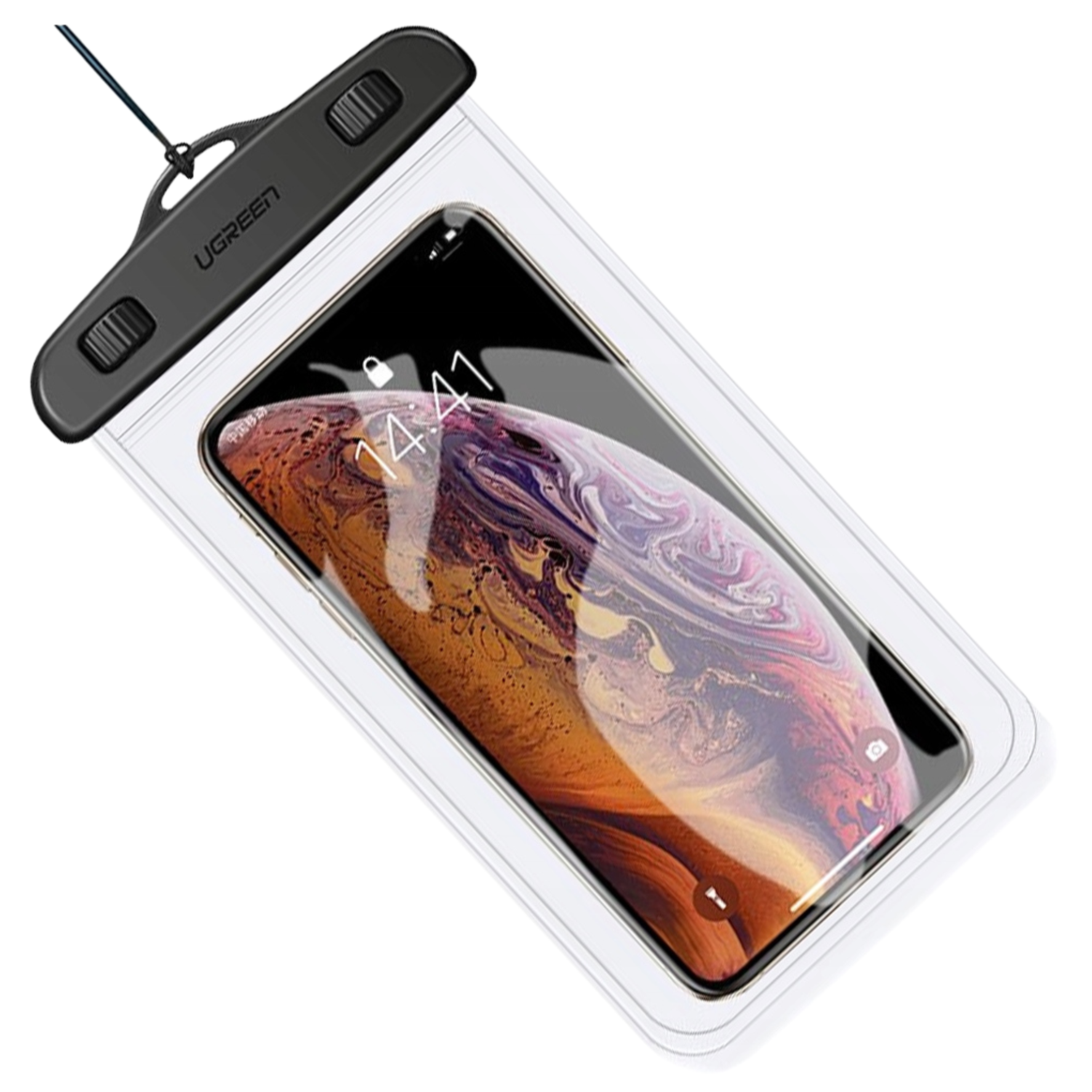 Smartfon w wodoodpornej torbie z logo UGREEN.