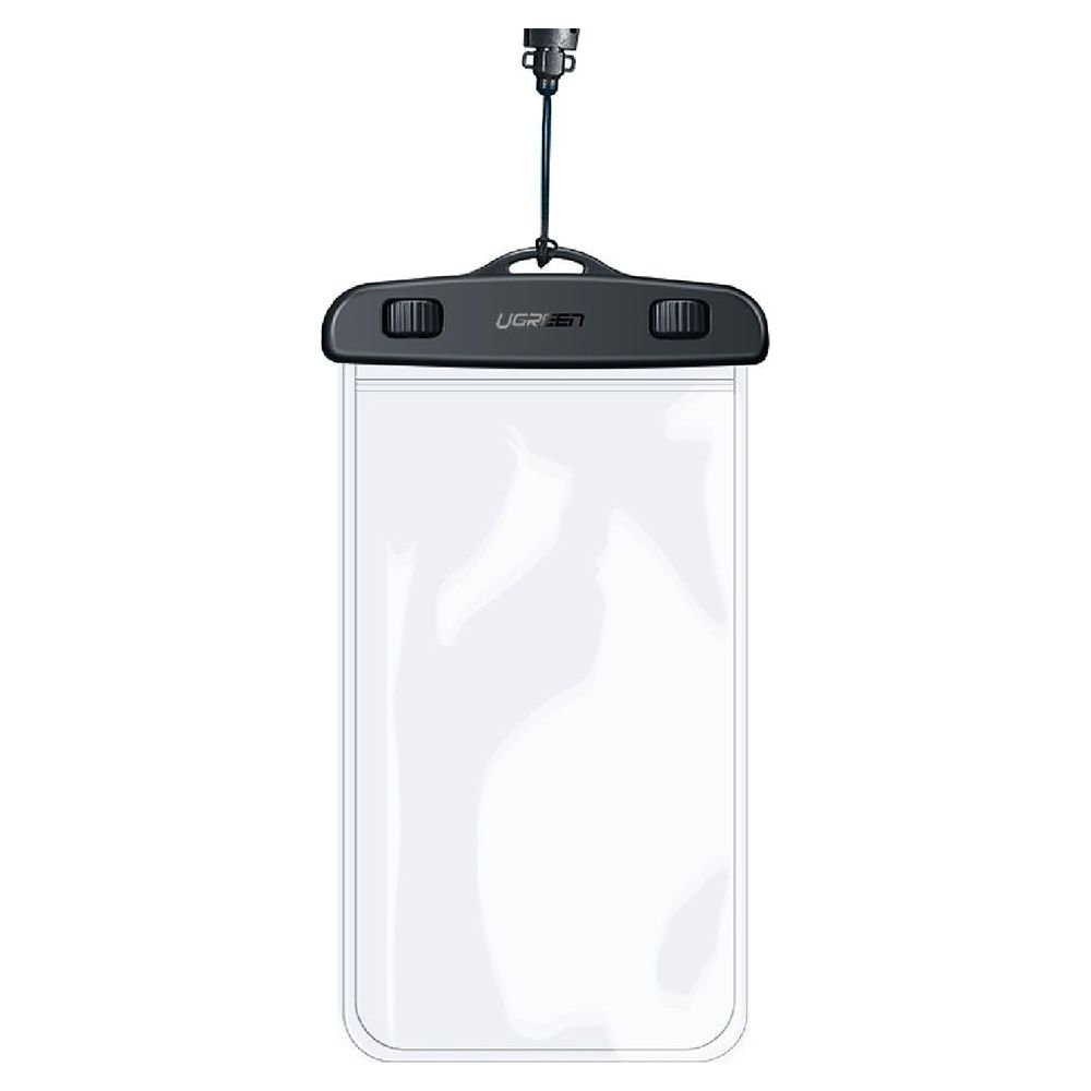 Czarna wodoodporna saszetka z przezroczystym przodem, zawieszona na sznurku.