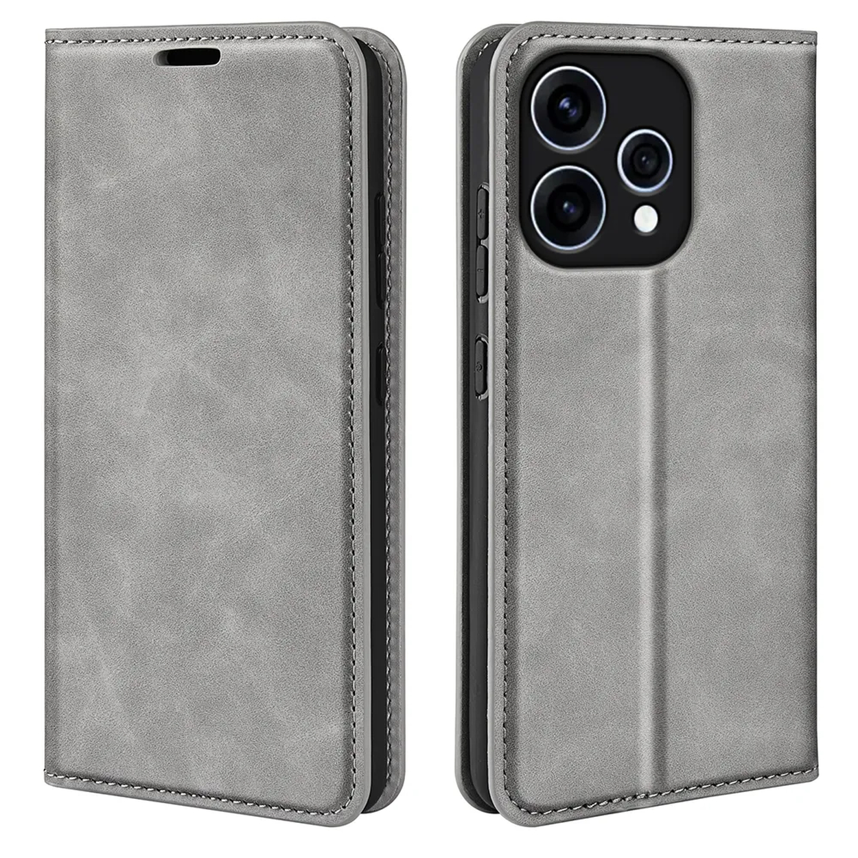 Grijze flip telefoonhoes, open en gesloten weergaven. Met stiksels en cameragat.