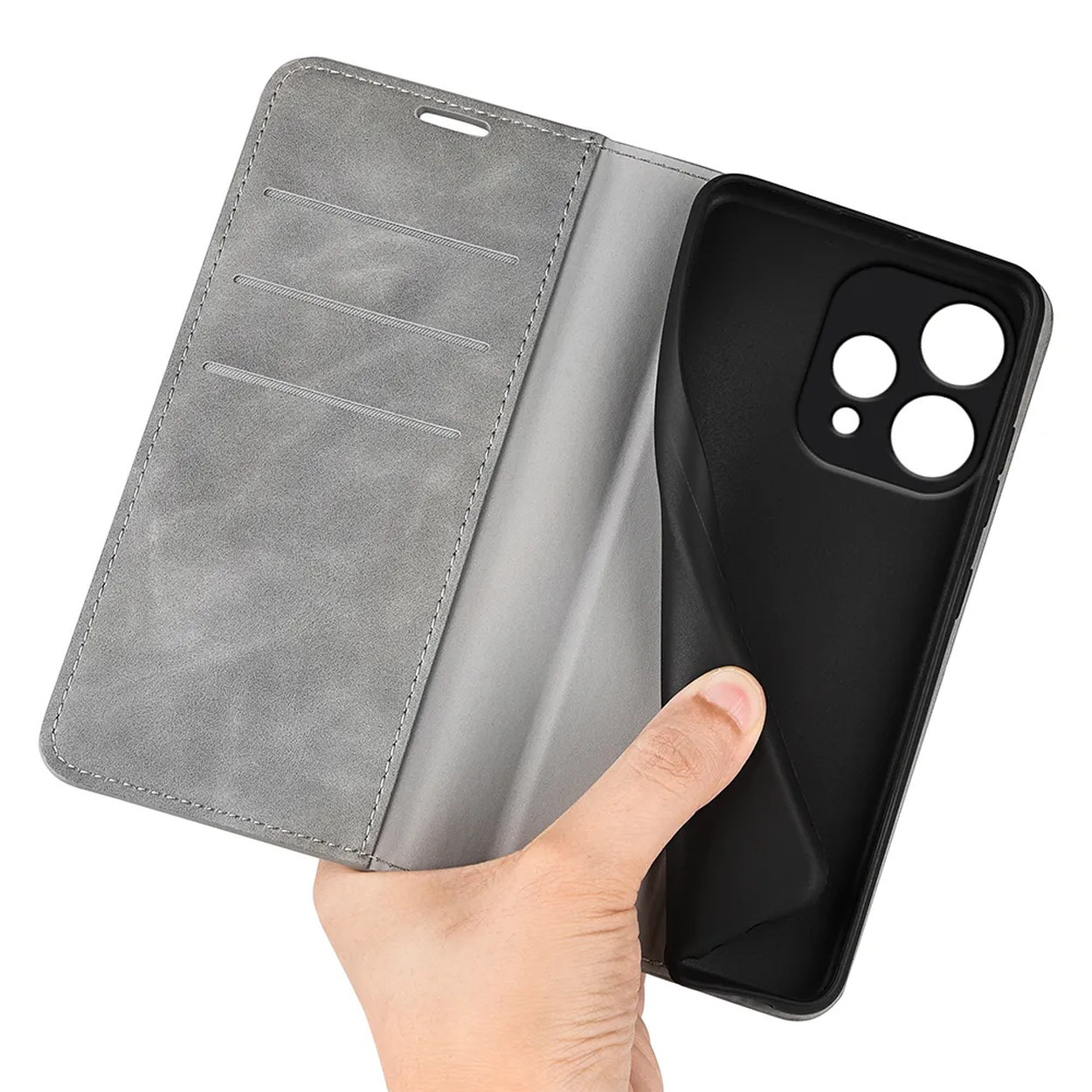 Een hand houdt een grijze portemonnee-telefoonhoes open en onthult de zwarte telefoonhouder aan de binnenkant.